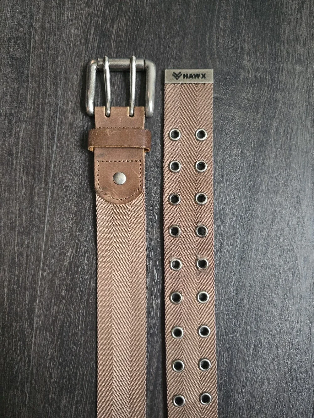 HAWX Workwear Belt Brown Leather Nylon Double Grommet Double Prong Buckle Sz 32
